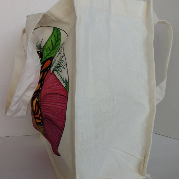 Handmade Reusable Tote Bag With Hand Painted Monarch Butterfly on a Pink Flower - Picture 5 of 16